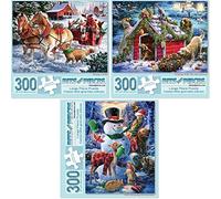 Bits and Pieces - Value Set of Three (3) 300 Piece Jigsaw Puzzles for Adults - Each Puzzle Measures 18" x 24" - Winter Holiday Forest Animals Jigsaws by Artist Larry Jones