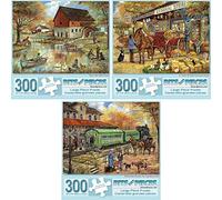 Bits and Pieces - Value Set of Three (3) 300 Piece Jigsaw Puzzles for Adults - Each Puzzle Measures 18" x 24" - The Old Mill Pond, General Store, Lambertville Jigsaws by Artist Ruane Manning