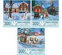 Bits and Pieces - Value Set of Three (3) 300 Piece Jigsaw Puzzles for Adults - Each Puzzle Measures - 300 pc The Greeters, Homecoming, Family Sleigh Ride Puzzle