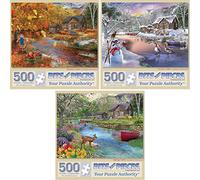 Bits and Pieces - Value Set of Three (3) 500 Piece Jigsaw Puzzles for Adults - Each Puzzle Measures 46cm x 61cm- Autumn, Spring, Winter Cabin Jigsaws by Artist Bigelow Illustrations