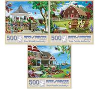 Bits and Pieces - Value Set of Three (3) 500 Piece Jigsaw Puzzles for Adults - Puzzles Measure 18'' x 24'' - Vibrant Veranda, Countryside Comfort, Blooming House Jigsaws by Alan Giana