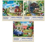 Bits and Pieces - Value Set of Three (3) 500 Piece Jigsaw Puzzles for Adults - Puzzles Measure 18"x24" - Seasons, Spring, Fall, Nature, Church, Cabin, Barn, Sun, Birds 500 pc Jigsaws by Alan Giana