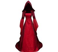 BITSEACOCO Deluxe Witch Dress Costume for Women, Vintage Embroidered Renaissance Victorian Gothic Hooded Vampire Gown Dress Cosplay (Red, L)
