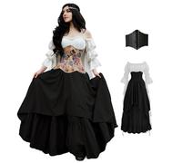 BITSEACOCO Women Renaissance Fairy Layered Dress Victorian Irish Costumes Halloween Cosplay Medieval Gothic Pirate Dresses (M, White+Black)