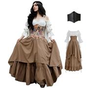 BITSEACOCO Women Renaissance Fairy Layered Dress Victorian Irish Costumes Halloween Cosplay Medieval Gothic Pirate Dresses (XXL,White+Khaki)