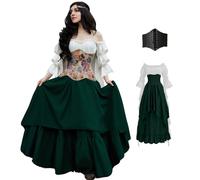 BITSEACOCO Women Renaissance Fairy Layered Dress Victorian Irish Costumes Halloween Cosplay Medieval Gothic Pirate Dresses (XXL, White+Green)