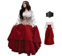 BITSEACOCO Women Renaissance Fairy Layered Dress Victorian Irish Costumes Halloween Cosplay Medieval Gothic Pirate Dresses, White+wine Red, XL