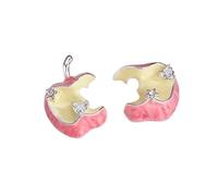 Bitten Apple Slice Asymmetrical Dangle Earrings Pink Enamel Mini Zircon Fruit Drop Earrings