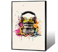Bittiler Colorful Animal Graffiti Wall Art Funny Cute Frog With Headphone Canvas Prints Painting Music Cool Gamer Wall Art, Colorful Graffiti Posters For Teens Boys Room 12x16in Framed