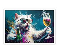Bittiler Funky White Cat With Wine Glass Goblet Posters Colorful Alcohol Drinks Lover Art Cute Watercolor Pet Cool Glasses Animal Portrait Prints For Home Bedroom Dorm Wall Decor 12x16in Unframed