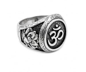 Bittrend Jewels Anti-Tarnish Brass Om Ring for Men | Oxidized Silver Lotus Signet Band (US Size 10.25)