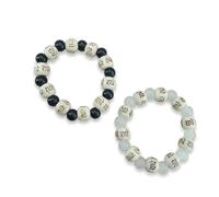 Bittrend Jewels Radhe Radhe Engraved Stretch Bracelet, Black and White, Wood and Crystal, Unisex, Pack of 2, Medium, 0.7 oz, 7 Inches