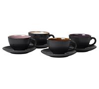 BITZ Set of 4 Stoneware Coffee Cups with Saucer 24cl Amber, Pink, Purple, Cream