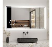 Biubiubath 1200x700mm Bathroom Mirror with LED Lights and Bluetooth Speakers,Clock,3x Magnifying Demister Dimmable 3 Light Colours Memory Horizontal