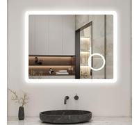 Biubiubath 600x800mm Bluetooth LED Bathroom Mirror with Shaver Socket and 2 USB Ports Dimmable 3 Colour with Demister Pad Magnifier Touch Sensor Wall Switch Control Lights Vertical Horizontal