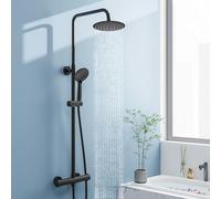Biubiubath Matte Black Thermostatic Mixer Shower Set - 8" Rainfall Overhead Shower, 3-Mode Handheld Shower Head, Adjustable Height Rail, Round Bathroom Shower System