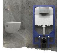 Biubiubath Modern Bathroom Round Ceramic Wall Hung Toilet UF Slim Soft Close Seat with 1.14M Concealed Cistern Frame Set & Rectangular Sliver Dual Flush Plate