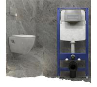 Biubiubath Modern Bathroom Round Ceramic Wall Hung Toilet UF Slim Soft Close Seat with 1.14M Concealed Cistern Frame Set & Rectangular Sliver Dual Flush Plate