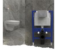 Biubiubath Modern Bathroom Round Rimless Wall Hung Toilet UF Slim Soft Close Seat with 0.82M Low Height Concealed Cistern Frame & Round Sliver Flush Plate