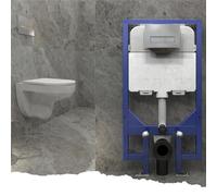 Biubiubath Modern Bathroom Round Rimless Wall Hung Toilet UF Slim Soft Close Seat with 1.14M Concealed Cistern Frame Set & Rectangular Sliver Dual Flush Plate