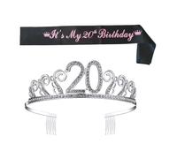 BIUDECO 20th Birthday Rhinestone Crown Hair Comb and Crystal Party Sash Set, Decorative Etiquette Belt for Birthday Celebration Accessories