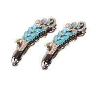BIUDECO 2pcs Blue Rhinestone Banana Hair Clips for Women Peacock Alloy Cat Eye Stone Barrettes Secure Hold for Thin Hair Easy Styling Ponytail Holders
