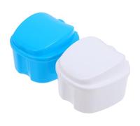BIUDECO 2Pcs Denture Storage Container Portable False Teeth Box with Filter Screen and Hinged Lid Safe Dental Guard Case for Cleaning and Soaking White Light Blue