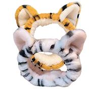 BIUDECO 2pcs Plush Tiger Ears Headband for Women Wide Soft Stretch Hairbands for Face Washing Makeup Skincare Comfortable Kawaii Hair Accessories in White and Yellow