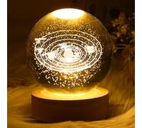 BIUDECO 3D Engraved LED Crystal Ball Night Lamp with Solar System Design, 8Cm Diameter Table Lamp with Wooden Base, Decorative Ambient Light for Bedroom and Space Decor