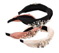 BIUDECO 3Pcs Pearl Knotted Wide-edge Headbands for Women and Stylish Fashion Hairbands in Black Pink Comfortable Cloth Headdresses for Party and Casual Wear