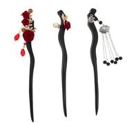 BIUDECO 3pcs Vintage Wooden Rose Hair Sticks with Long Tassel Pendants Smooth Polished Floral Hairpins for Elegant Updos Lightweight Chinese Cultural Accessories for Women Brides