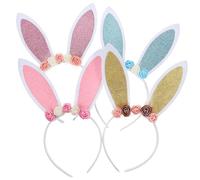 BIUDECO 4pcs Floral Bunny Ear Headbands Set, Rabbit Ear Hairbands in Gold, Pink, Lake Blue and Light Purple, Decorative Easter Party Headwear and Cosplay