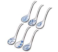BIUDECO Ceramic Soup Spoons and Comfortable Handle with Large Capacity 6pcs Assorted Colour Chinese Style with Intricate Pattern, for Ramen, Wonton Soup and Daily Use