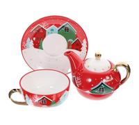 BIUDECO Christmas Ceramic Teapot Set with Red Xmas Mug and Saucer, 3pcs Holiday Tea Box, Cartoon Decorative Coffee and Drinking Mug for Home and Office Use