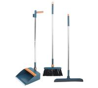 BIUDECO Household Cleaning Tools 3Pcs Broom and Dustpan Set Blue with TPR Floor Scrubber and Window Squeegee for Indoor Use