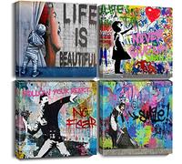 Biufo Banksy Canvas Wall Art Artwork Graffiti Street Print Pictures for Bedroom Living Room Wall Decor (12"x12"x4Pcs)