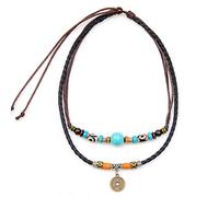 Biuhapiy Men's and women's necklaces Vintage Tribal style Double beaded leather necklace Pendant Turquoise personality Vintage coin pendant necklace Summer Surfer Beach