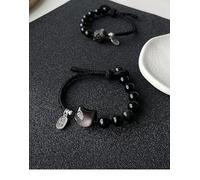 Biuhapiy Natural Black Obsidian Bead Bracelet with Silver Sheen Lion Awakening Rope Cat Design Couple Bracelet (Cat Cut)