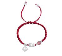 Biuhapiy Pi Xiu Couple Bracelet Set with Wealth Attracting Charm and Strawberry Quartz Beads - Unisex Adjustable String Bracelet for Men and Women