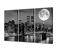 Biuteawal New York Skyline Wall Art Brooklyn Bridge Moon Night View Picture Canvas Print Black and White City Artwork Painting Modern Home Office Living Room Decoration