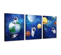 Biuteawal Space Wall Art for Boys Girls Kids Bedroom Nursery Room Decor Funny Astronaut and Planet Canvas Painting Blue Astronomy Poster Picture Prints 3 Piece Artwork Framed