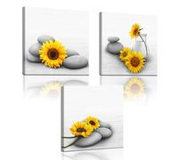 Biuteawal Sunflower Canvas Wall Art 3 Pieces Yellow and Grey Painting Relaxing Zen Stone Pictures Print Artwork for SPA Bathroom Yoga Room Bedroom Decoration Framed 12x12inchx3Panels