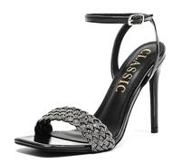 BiuYorBTY Women's Stiletto Heels, Crystal High Heels Rhinestone Silver Sandals Open Square Toe Ankle Strap Heels Strappy Dress Shoes for Party Wedding Bridal, Black, 5 UK