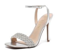 BiuYorBTY Women's Stiletto Heels, Crystal High Heels Rhinestone Silver Sandals Open Square Toe Ankle Strap Heels Strappy Dress Shoes for Party Wedding Bridal, Silver, 9 UK