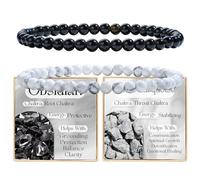 Bivei 2-Piece 4mm Beaded Bracelets for Women - Black Obsidian, Howlite - Handmade Natural Crystal Stretch Elastic Jewelry for Meditation, Yoga, Protection Gifts