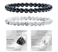 Bivei 2-Piece 6mm Beaded Bracelets for Women - Black Obsidian, Howlite - Handmade Natural Crystal Stretch Elastic Jewelry for Meditation, Yoga, Protection Gifts