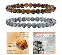 Bivei 2-Piece 6mm Beaded Bracelets for Women - Tiger Eye, Picasso Jasper - Handmade Natural Crystal Stretch Elastic Jewelry for Meditation, Yoga, Protection Gifts