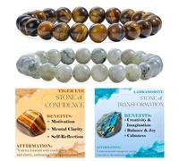 Bivei 2-Piece 8mm Beaded Bracelets for Women - Tiger Eye, Labradorite - Handmade Natural Crystal Stretch Elastic Jewelry for Meditation, Yoga, Protection Gifts