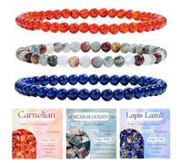 Bivei 3-Piece 4mm Beaded Bracelets for Women - Carnelian, African Bloodstone, Lapis Lazuli - Handmade Natural Crystal Stretch Elastic Jewelry for Meditation, Yoga, Protection Gifts