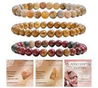 Bivei 3-Piece 4mm Beaded Bracelets for Women - Coral Jade, Wood Grain Jasper, Picasso Jasper - Handmade Natural Crystal Stretch Elastic Jewelry for Meditation, Yoga, Protection Gifts